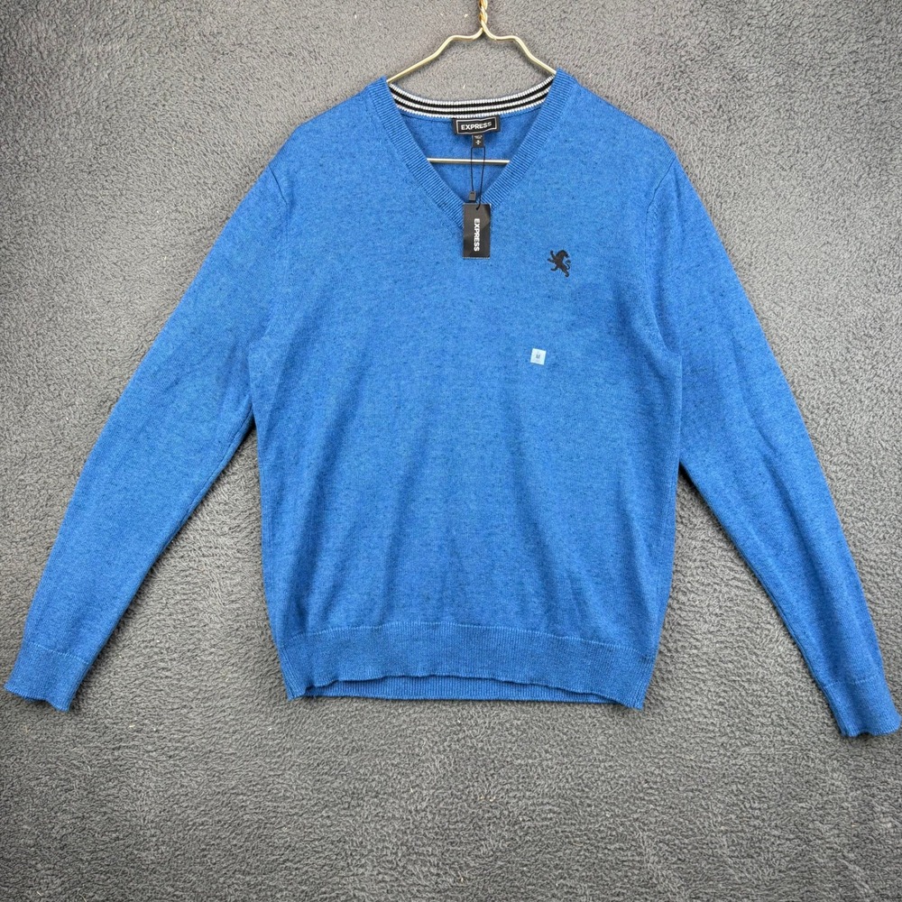 Express Mens V-Neck Sweater Medium Blue‎ Heather Lion Logo Long Sleeve New